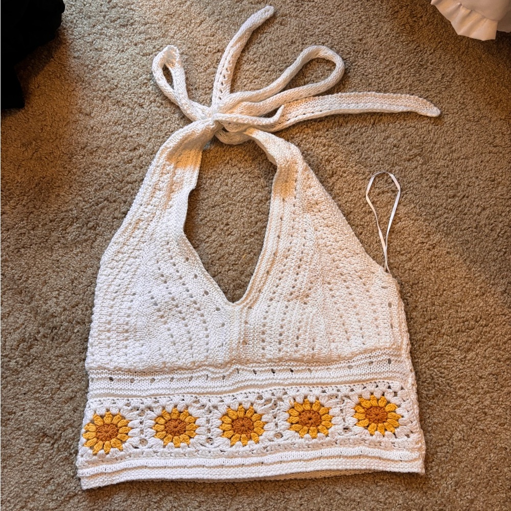 White Crochet Halter Top with Sunflower Design